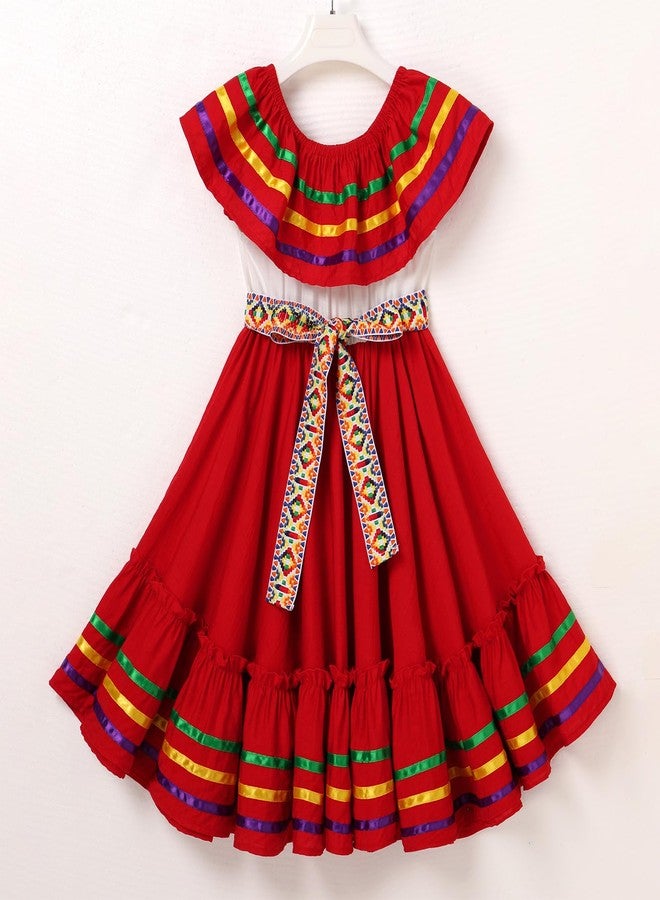 ODIZLI Mexican Dress for Girls - Folklorico Cinco de Mayo Fiesta Dress - Toddler Off-Shoulder Traditional - Little Girls Flamenco Ruffle Drape A Line Dress - Red, 9-10 Years - Image 3